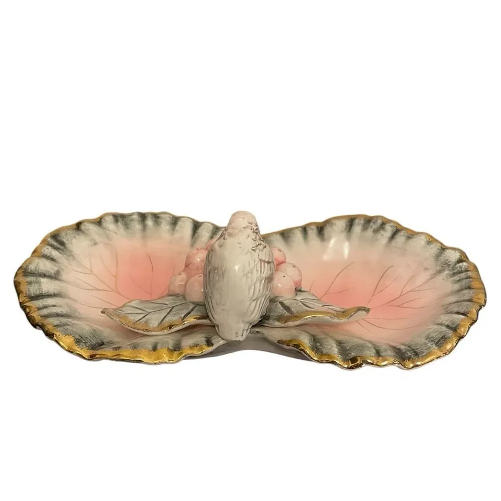 Vintage Ceramic Bird on Leaf Trinket Dish Pink Grey Gold Gilded Catchall 10 Inch